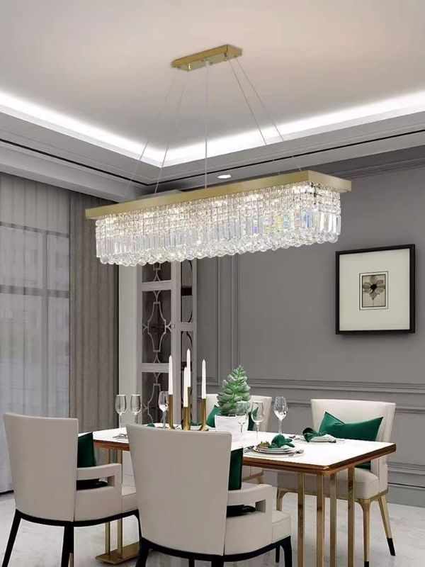 Photo 1 of (NON-REFUNDABLE) Siljoy 6-Light Modern Crystal Chandelier Rectangular Gold K9 Crystal Raindrop Chandelier for Dining Room, Luxury Adjustable Ceiling Pendant Light for Living Room Kitchen Island L31.5'' x W10'' x H10''