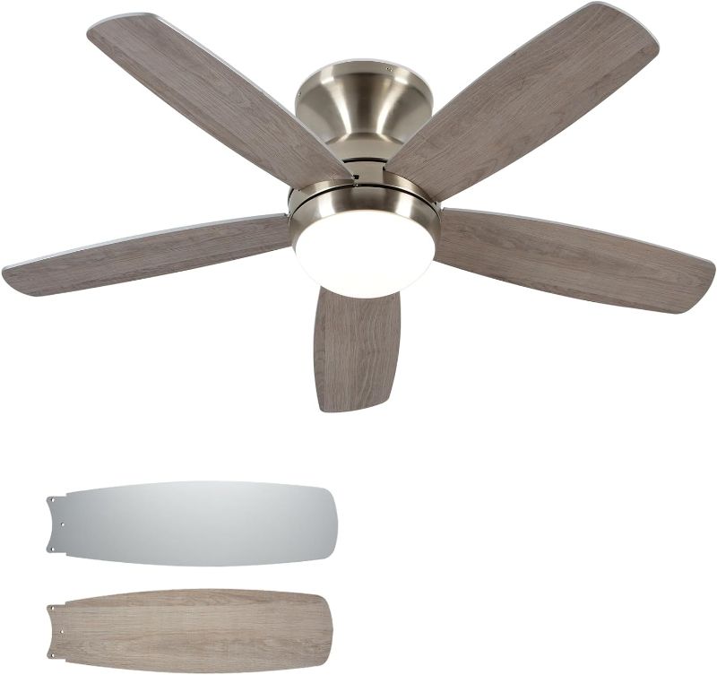 Photo 1 of Damaged light cover• Teracfan 52 Inch Nickel Ceiling Fan with Lights and Remote, Modern Flush Mount Ceiling Fans with 5 Blades Outdoor Fan with LED Lights for Bedroom/Living Room/Dining Room,Reversible,Dimmable 52 Inch Matte Nickel