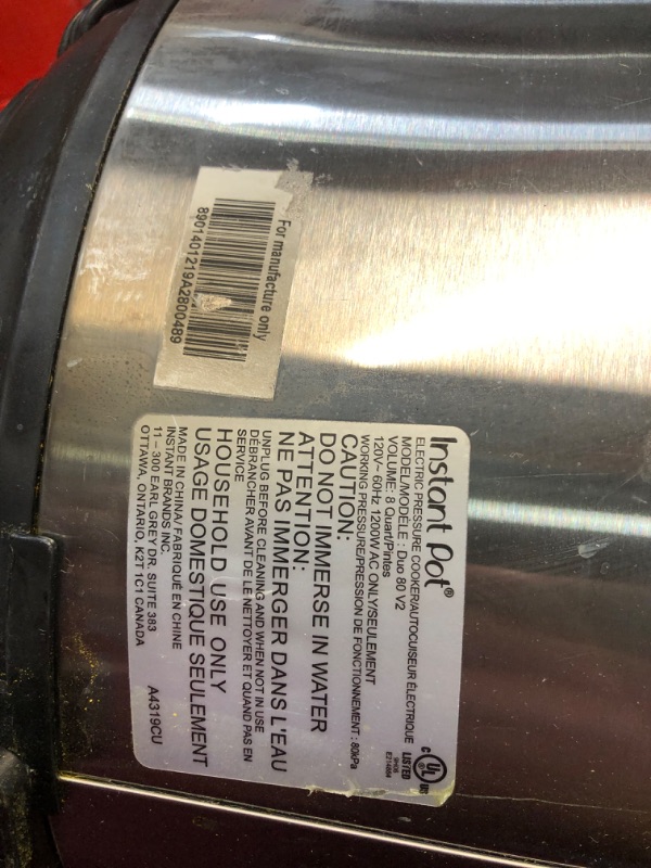 Photo 6 of ***NONREFUNDABLE - NOT FUNCTIONAL - FOR PARTS ONLY - SEE COMMENTS***
Instant Pot Duo 7-in-1 Electric Pressure Cooker, Slow Cooker, Rice Cooker, Steamer, Sauté, Yogurt Maker, Warmer & Sterilizer, Includes App With Over 800 Recipes, Stainless Steel, 8 Quart