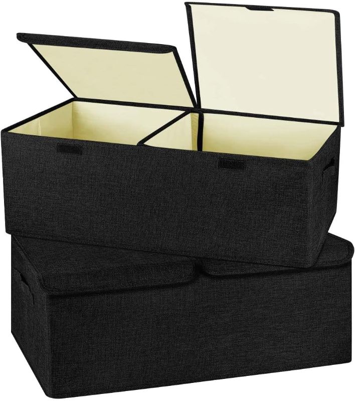 Photo 1 of 1 Pack Large Linen Fabric Collapsible Storage Bins with Lid and Handles, Washable Storage Box Baskets Cube with Removable Divider for Bedroom,Closet,Office,Living Room,Nursery (Black, Large)