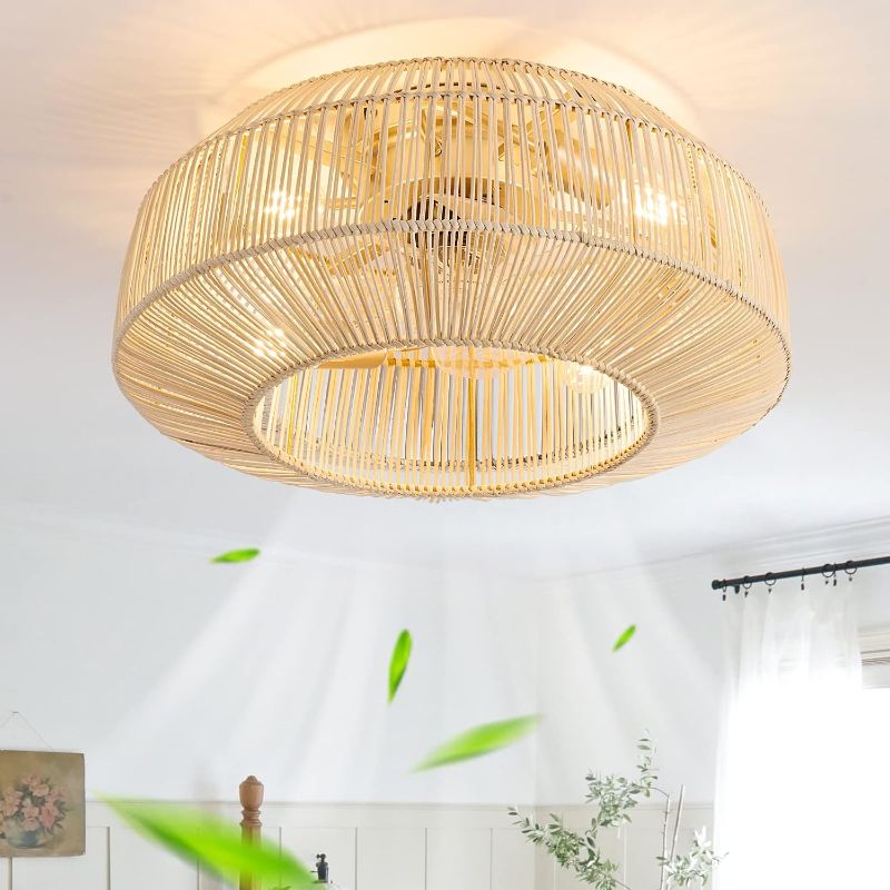 Photo 1 of 20" Boho Caged Ceiling Fan with Lights Flush Mount, Low Profile Rattan Ceiling Fans with Lights and Remote Control, Enclosed 6 Speeds for Bedroom, Living Room, Kitchen