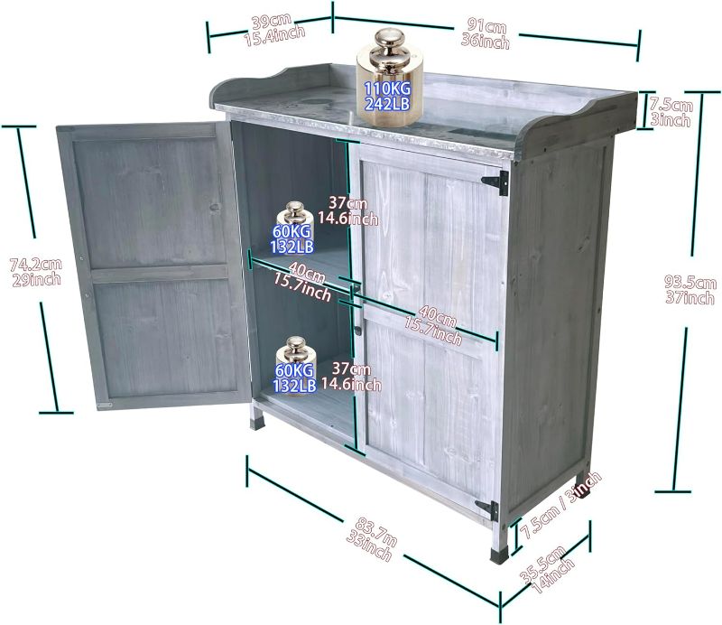 Photo 4 of (NON-REFUNDABLE) Outdoor Garden Patio Wooden Storage Cabinet Furniture Waterproof Tool Shed Double Doors Garden Potting Table with Galvanized Sheet Planting Work Bench 36"(L) x 15.4"(W) x 37"(H)
