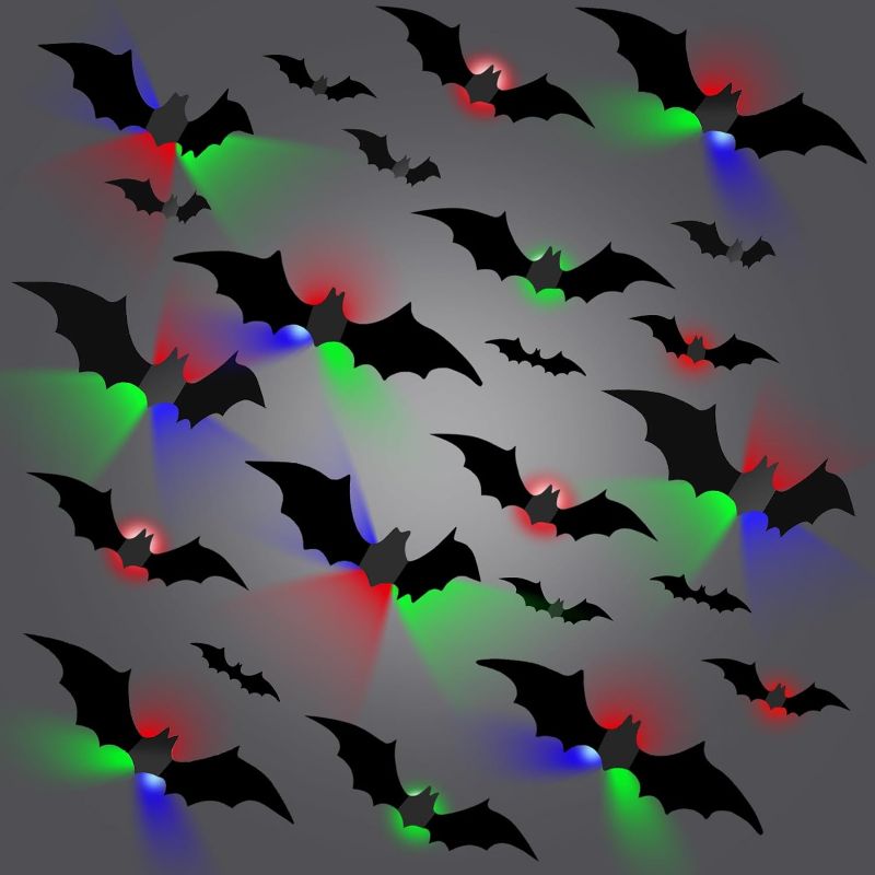 Photo 1 of 44PCS LED Bats Halloween Decoration, 3D Bat Wall Stickers, 4 Size Reusable PVC Bats Decor with Self Adhesive Dots, Black Bats Wall Décor for Halloween Home Décor Party Supplies
