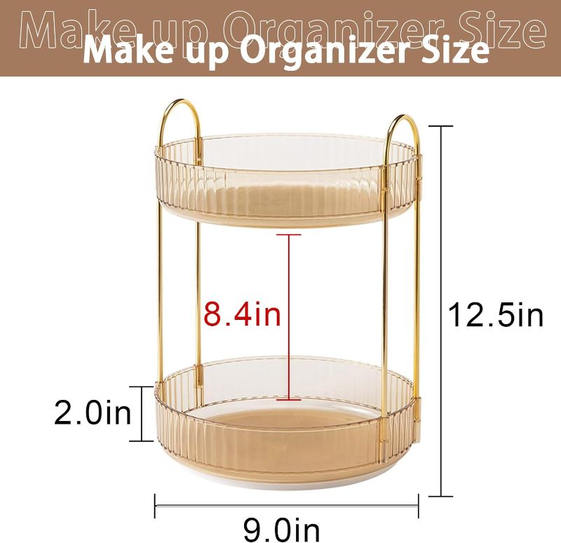 Photo 2 of 360 Rotating Makeup Organizer Countertop Vanity Perfume Skincare Organizers, Bathroom Organizer Countertop Dresser cosmetic makeup Organizers and Storage make up organizers for counter Spinning (Gold) Gold 2 Tiers