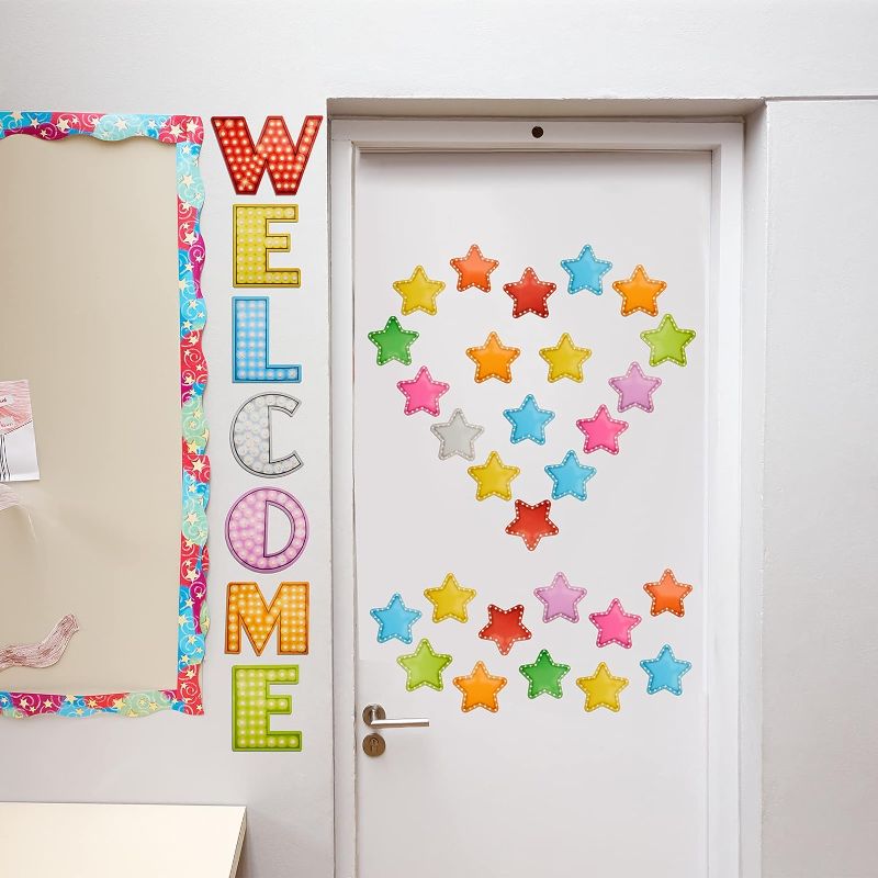 Photo 1 of 67 Pieces Marquee Welcome Bulletin Board Set, Colorful Welcome Banner with Star Shaped Cutouts Classroom Banner Decoration for Teachers and Students Back to School Decoration
