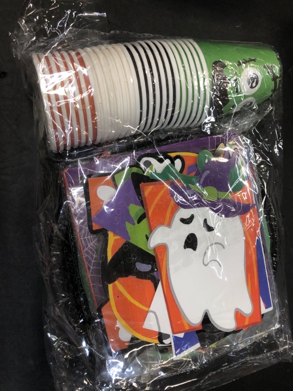 Photo 2 of 105 Pcs Halloween Party Supplies Tableware Set for Halloween Holiday Party Decorations Includes Trick or Treat Plates, Napkins, Cups, Hanging Swirls, Banner, Serves 24