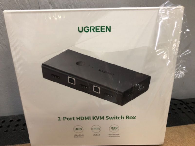 Photo 2 of UGREEN KVM Switch, HDMI and USB Switcher 2 in 1 Out Switches for 2 Computers Share Keyboard Mouse Printer and 1 Monitor, Support Full HD 4K@30Hz with One Button Switch, 2 USB Cable and 2 HDMI Cable
