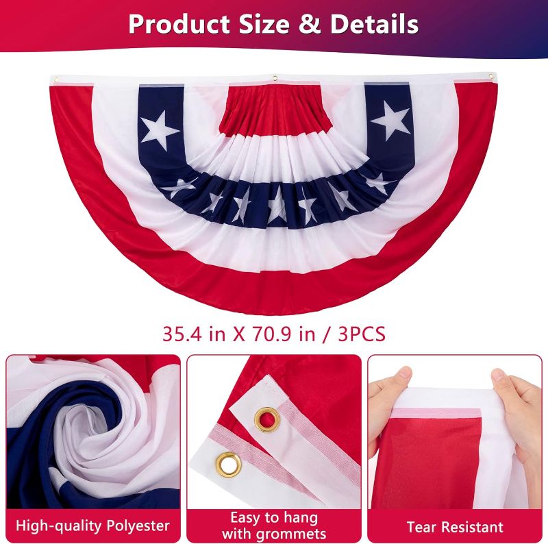 Photo 2 of 3 PCS Veterans Day Decorations, 3 x 6 FT USA Pleated Fan Flags, American Flag Banner Large Patriotic US Half Fan Bunting Flag for Independence Day Fourth of July Memorial Day Outdoor Yard Home Decor
