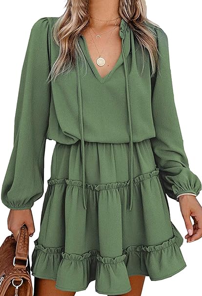 Photo 2 of LaSuiveur Women's Lantern Casual Fall Dresses V Neck Tie Neck Long Sleeve High Waist Dot Ruffle Tiered Flowy Swing Mini Dress xl size
