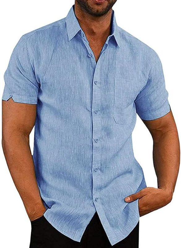 Photo 1 of 2xl ....MAVIS LAVEN Men's Casual Linen Shirt Short Sleeve Button Down Shirt Slim Fit Lapel Collar Solid Color Shirt