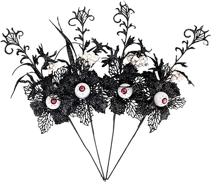 Photo 1 of Crowye Black Halloween Glitter Flowers 6'' Devil's Blood Streak Eyes Sprays Artificial Eyeball Stems Faux Floral Picks Leaves Branches for Halloween Party Decor Table Centerpiece Wreath(Eye,