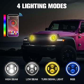 Photo 1 of IYF 7 Inch LED Headlights RGB Round Halo Ring Angel Eyes Multicolor DRL High Low Sealed Beam Lights 39W Headlights Bluetooth, Compatible with Jeep Wrangler JK TJ CJ Hummber H1 H2, 2Pcs