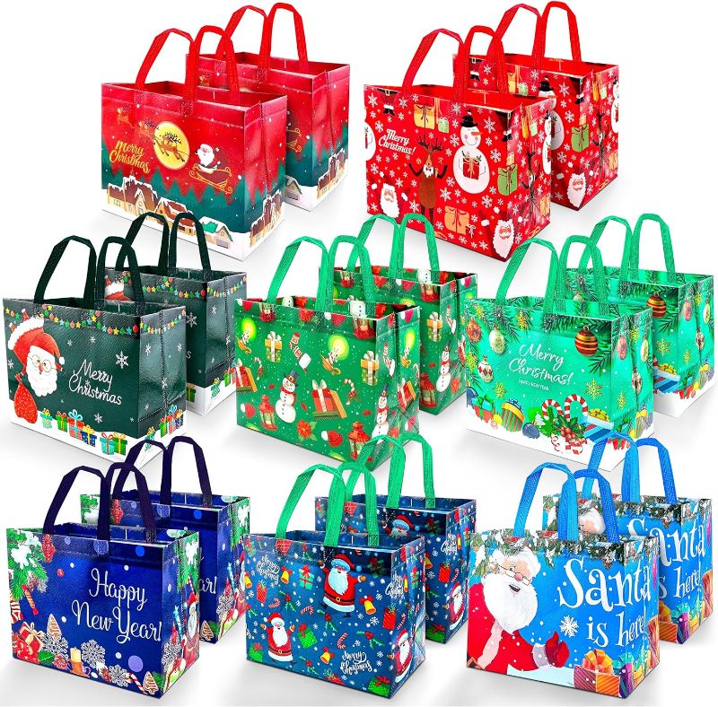 Photo 1 of algpty 16 Pack Christmas Tote Bags, Christmas Gift Bags with Handles, 12.8"×9.8"×6.7" Christmas Xmas Gift Bags Non-Woven Large Christmas Treat Bags for Christmas Party Supplies Christmas Gifts Wrapping
