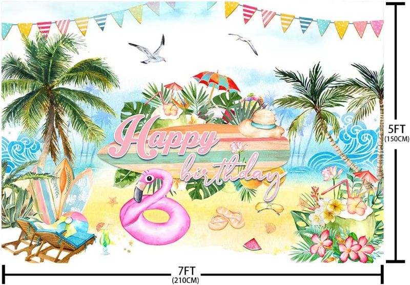 Photo 1 of AIBIIN 7x5ft Summer Birthday Backdrop Pink Happy Birthday Photography Background Hawaii Tropical Flamingo Birthday Party Decorations Banner Photo Shoot Props
