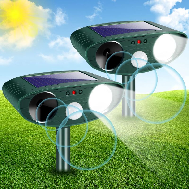 Photo 1 of ??? 2 Pack Solar Ultrasonic Animal Repeller, Animal Repellent Outdoor with Flashing Light Motion Sensor Waterproof Animal Deterrent for Cat Deer Dog Raccoon Skunk Squirrel Rabbit Fox and More
