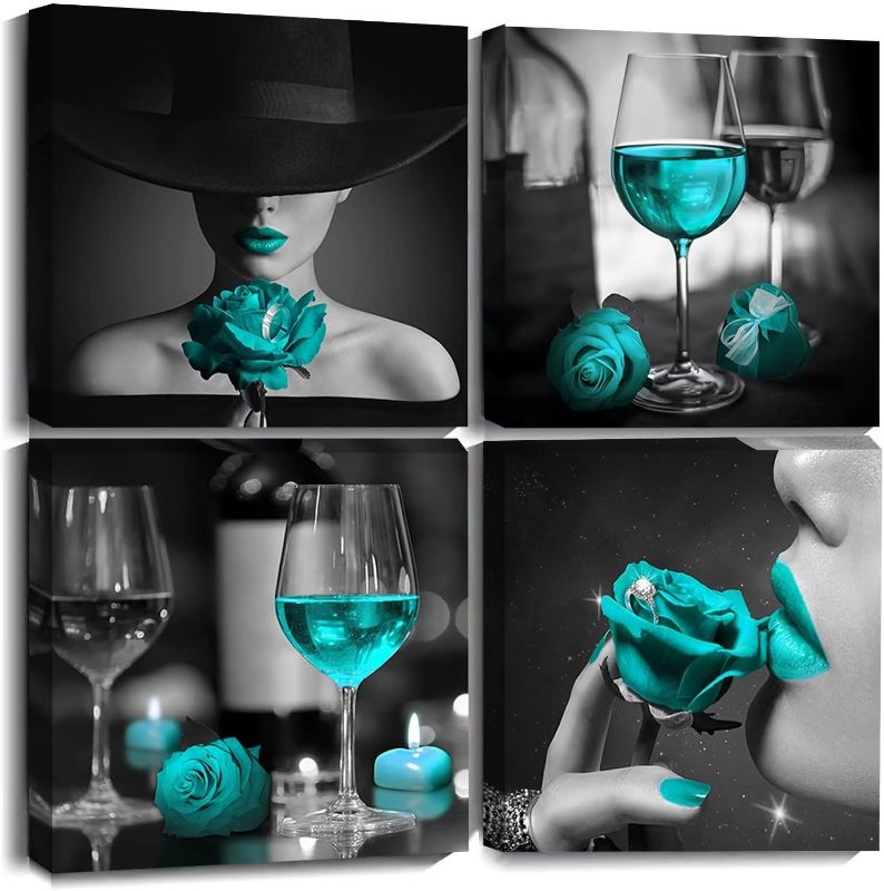 Photo 1 of Adbykgto Blue Rose Wall Art Canvas Decor 12x12in 4 Pieces Framed for Bedroom Decor Modern Teal and Black Rose Women with Hat Painting Kitchen Bathroom Pictures Home Decorations Couples Gift
