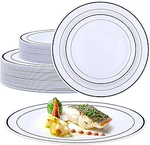 Photo 1 of 50 Pcs 7.5 Inch Plastic Plates Disposable Dinnerware Guests Heavy Duty Plates with Black Rimmed Plastic Dinner Plates Elegant for Wedding Party Holiday Events Graduation Party Supply