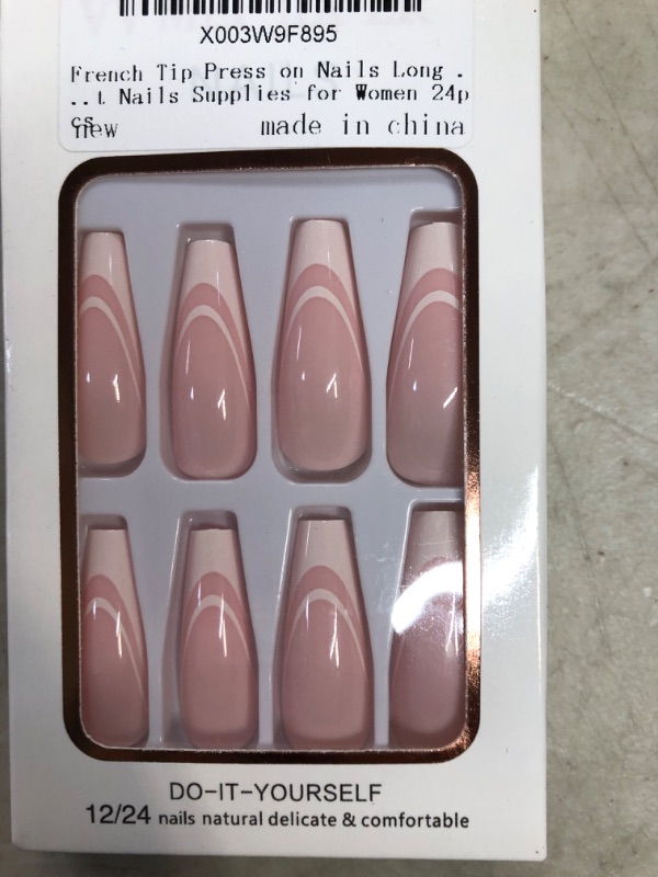 Photo 1 of French Tip Press on Nails Long Fake Nails Coffin Full Cover Pink with White Designs Glossy Acrylic Artificial Nails Simple Art Nails Supplies for Women 24pcs