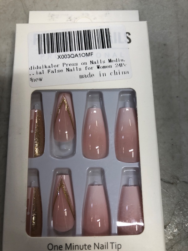 Photo 1 of diduikalor Press on Nails Medium Coffin Fake Nails with Glitter Designs Glossy Pink Gold Swirls Acrylic Glue on Nails Artificial False Nails for Women 24Pcs