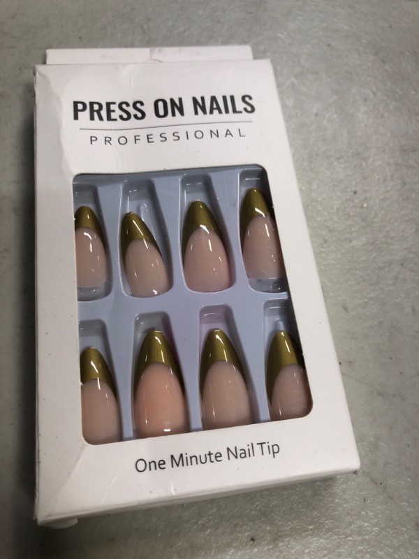 Photo 2 of 24 Pcs Gold French Tip Long Press On Nails Almond Fake Nails with French Golden Edge Design Stick on Nails for Women DIY Glue on Nails Kit MT-JZJ-WSJ-045