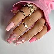 Photo 1 of French Tip Press on Nails Square Fake Nails Medium False Nails Pink Acrylic Nails with Heart and Gold Wave Designs Stick