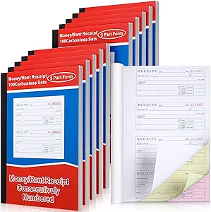 Photo 1 of 10 Packs Receipt Book with Carbon Copies,Money and Rent Receipt Book,3-Part Carbonless,5.31" x 11.22",Spiral Bound,100 Sets Per Book,4 Receipts Per Page