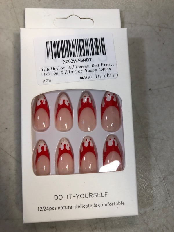 Photo 1 of Diduikalor Halloween Red Press On Nails Medium Almond Fake Nails  French Tip Bleeding Design False Nails Acrylic Glue On Nails Reusable Stick On Nails For Women 24pcs