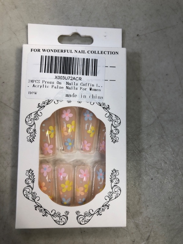 Photo 2 of 24PCS Press On  Nails Coffin Long, Translucent Floral Pattern With Pearls Fake Nails, Reusable With Glue Acrylic False Nails For Women CH-JZJ-JP2382