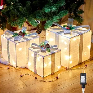 Photo 1 of 3 Pieces Lighted Gift Boxes Christmas Decoration, 12in 10in 8in Light Up Gift Box with Pre-lit 60 LED Mini Bulb, Foldable Present Ornament Boxes for Indoor Outdoor Xmas Tree Party Holiday Decor