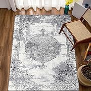 Photo 1 of AGELMAT Boho Washable Area Rug 3x5 Gray Thin Persian Distressed Entry Throw Rug Faux Wool Indoor Entryway Mat Non-Slip Kitchen Mat Vintage Low-Pile Carpet