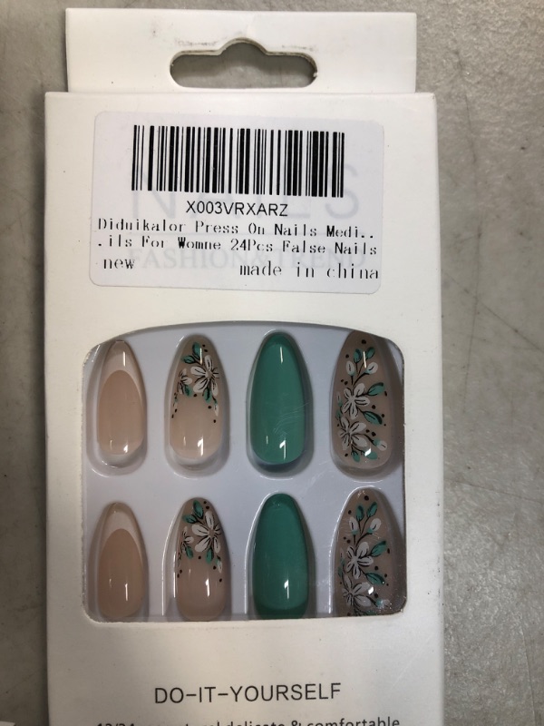 Photo 1 of Diduikalor Press On Nails Medium Fake Nails French Green Flower Design Acrylic Nails Almond Glue On Nails For Womne 24Pcs False Nails