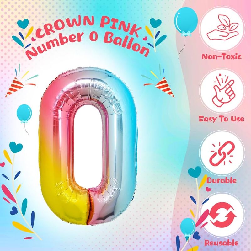 Photo 1 of 0--Glimin  Rainbow Gradient Balloons, Large Number 0 Balloons, Foil Big Colorful Balloons for Girls' Birthday Rainbow Unicorn Party Decoration Supplies (Rainbow 0)