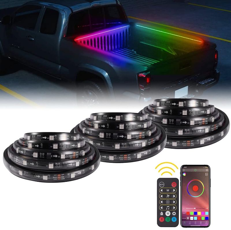Photo 1 of JHdril LED Truck Bed Lights IP65 Waterproof 3PCS 60Inch 135 LEDs Dream Color Chasing Tailgate Strip Lights for Cargo Jeep Pickup Truck SUV RV Boat Remote/APP Control Truck Bed Light (Dreamcolor)
