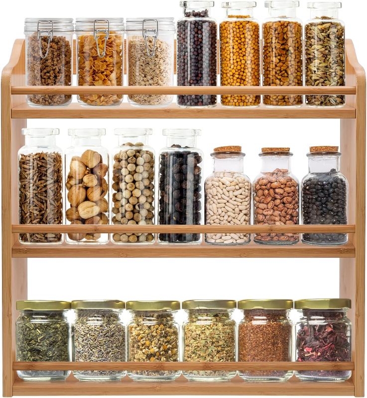 Photo 1 of 3-Tier Bamboo Spice Rack, 15.74" L x 5.11" W x 16.53" H, Wood Spice Jars Holder, Seasoning Rack Spice Bottle Shelf Organizer for Kitchen Countertop or Wall Mounting