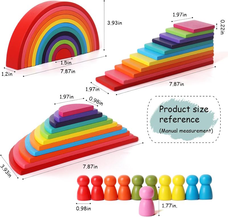 Photo 3 of SHIERDU 45-Piece Wooden Rainbow Stack Set, 4-in-1 Building Blocks preschoolers Early Development & Activity Toys Montessori Toys for Kids 3, 4, 5, 6 Years and Older Gifts for Boys and Girls