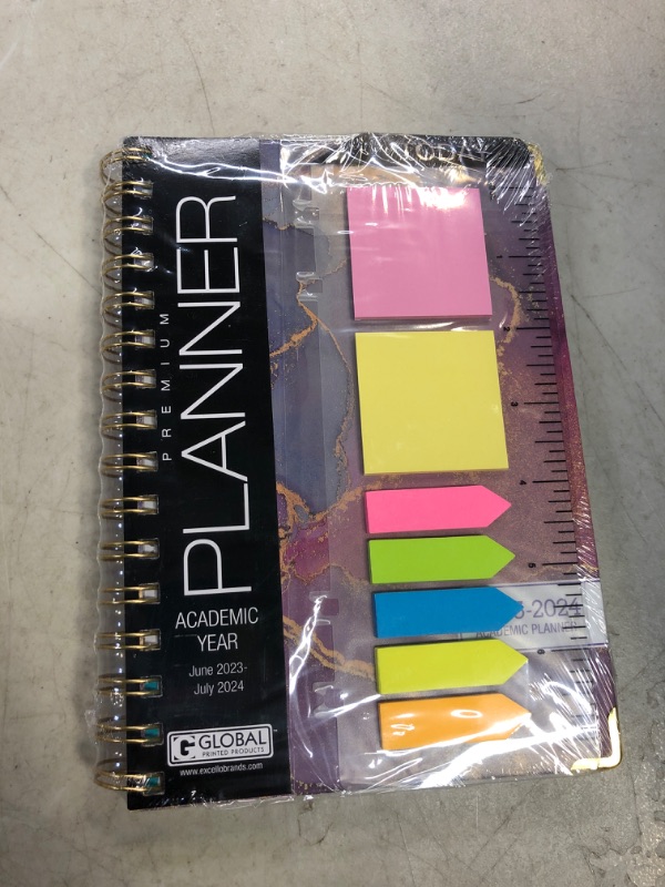 Photo 2 of HARDCOVER Academic Year 2023-2024 Planner: (June 2023 Through July 2024) 5.5"x8" Daily Weekly Monthly Planner Yearly Agenda. Bookmark, Pocket Folder and Sticky Note Set (Pink Purple Marble) MEDIUM: 5.5" x 8"