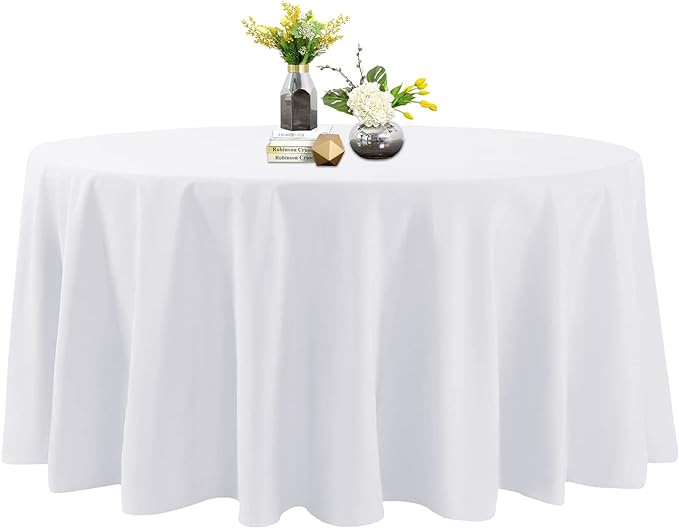 Photo 1 of  White Round Tablecloth 120 Inch Polyester Round Table Cloth Black Tablecloths for Round Tables Washable Decorative Fabric Table Covers for Wedding Dining Party Banquet Buffet