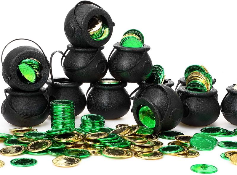 Photo 1 of 12 Pieces Plastic Cauldrons Mini Candy Kettle Black Witch Cauldron Novelty Candy Holder Pot with Handle and 360 Green Gold Lucky Leprechaun Plastic Coin Shamrock Coin for St Patrick's Day Party Favors
