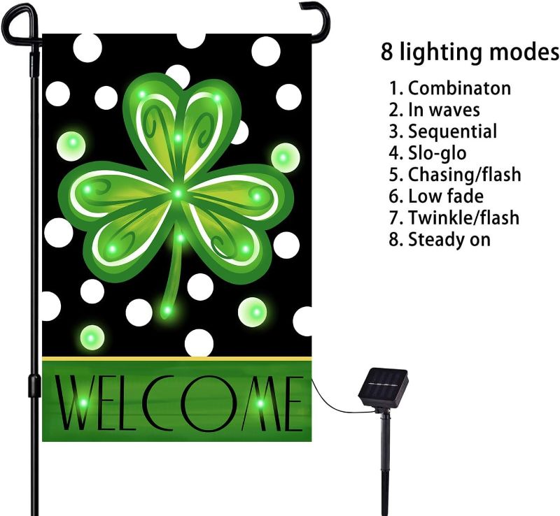 Photo 3 of Flagmax St Patrick's Day Garden Flag,Shamrock 8 Lighting Modes LED St Patricks Flag 12.5 x 18 Inch for Garden and Home Decoration St Patrick's Flag