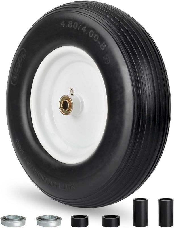 Photo 1 of 4.80/4.00-8 Flat Free Tire, 16" Solid Wheelbarrow Tire, 3"-6" Centered Hub, 5/8" & 3/4" Ball Bearings, Fits 4.80/4.00-8, 3.50/2.50-8, 4.00-6, 4.00-8 Wheelbarrow Wheel
