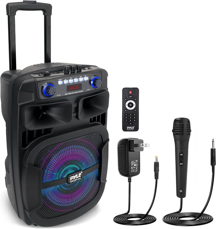 Photo 1 of Pyle Portable Bluetooth PA Speaker System - 800W 12” Outdoor Bluetooth Speaker Portable PA System - Party Lights, USB SD Card Reader, FM Radio, Rolling Wheels - Wired microphone, Remote - PPHP128B BLACK,BLUE Speaker System