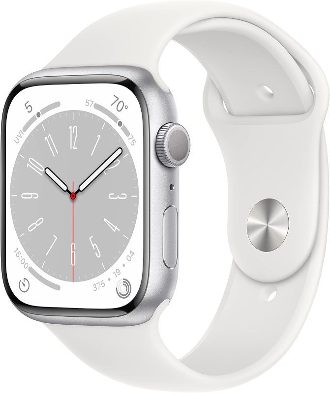 Photo 1 of LOCKED-USED --Apple Watch Series 8 [GPS 45mm] Smart Watch w/ Silver Aluminum Case with White Sport Band - S/M. Fitness Tracker, Blood Oxygen & ECG Apps, Always-On Retina Display, Water Resistant 45mm S/M - fits 140–190mm wrists 45mm Silver Aluminium Case 