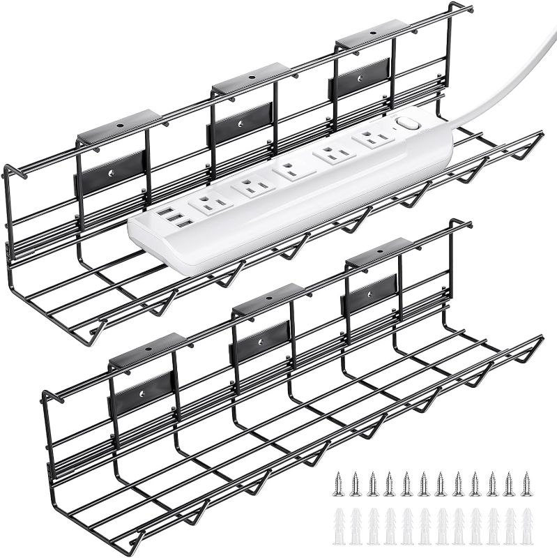 Photo 1 of 2 Pack DELAMU Under Desk Cable Management Tray, Metal Cord Organizer for Desk, Wire Management Under Desk Shelf, Desk Wire Organizer and Desk Cable Organizer
