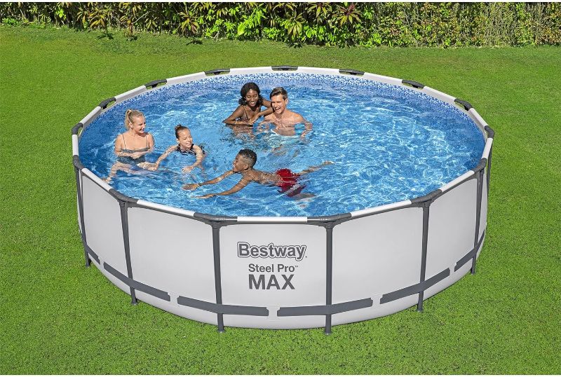 Photo 1 of Bestway Steel Pro MAX 14 Foot x 48 Inch Round Metal Frame Above Ground Outdoor Swimming Pool Set with 1,000 Filter Pump, Ladder, and Cover, Gray 14ft x 48in---factory sealed 