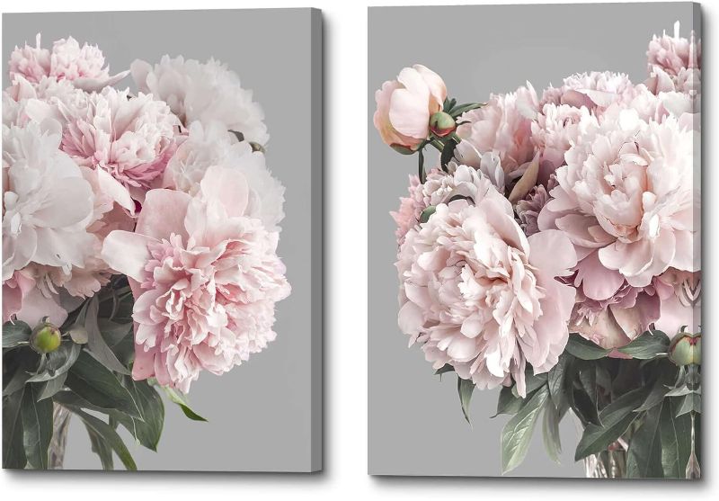 Photo 1 of Pink Flower Canvas Wall Art: Bedroom Blush Peony Artwork Elegant Blossom Floral Paintings Modern Botanical Photography Gallery Paintings Prints on Gray Wrapped Canvas for Living Room Office
