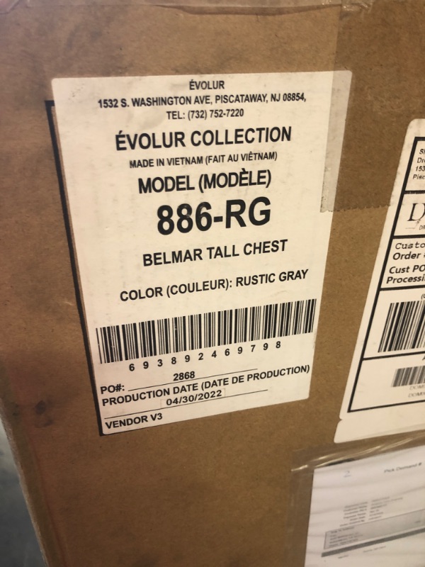 Photo 3 of Evolur Belmar Tall Chest Dresser, 38x20.25x48 Inch (Pack of 1), Rustic Grey