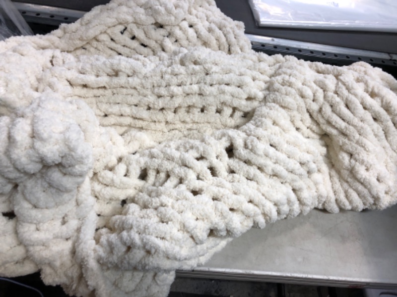 Photo 2 of  Chunky Knit Blanket Throw | 100% Hand Knit with Jumbo Chenille Yarn (50"x60", Cream White)