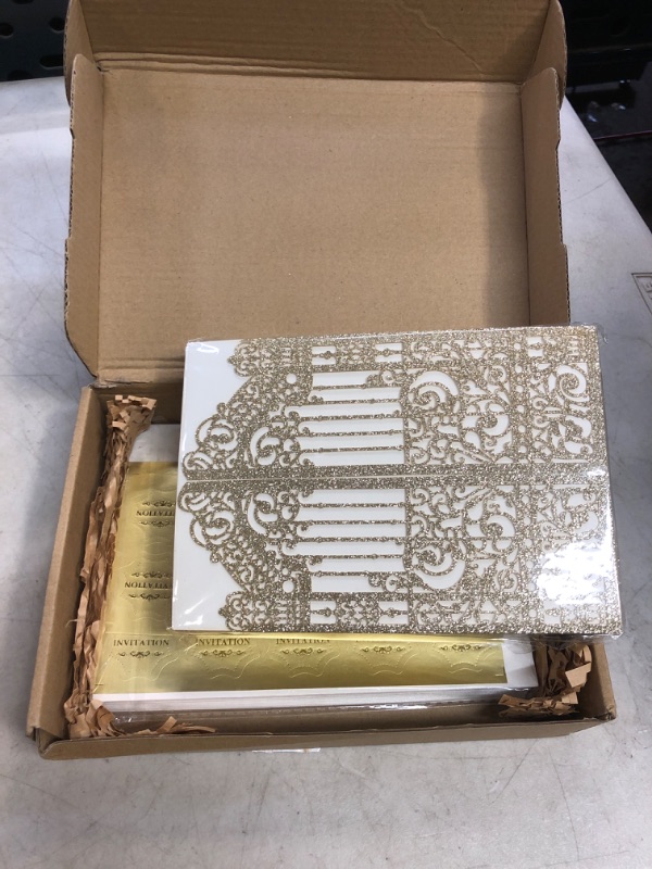 Photo 2 of MillaSaw Glittery Gold Gate Laser Cut Invitation Card For Wedding Engagement Bridal Shower Quinceanera 25Pcs (4.9"x7.1", Gold) 4.9"x7.1" Gold