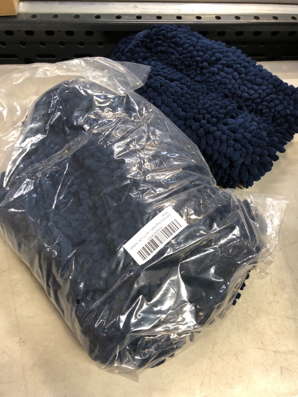 Photo 2 of 2 Piece Bathroom Set Bathroom Rugs Bath Mats Sets Super Absorbent Chenille Striped Bath Mats Non Skid Machine Wash Dry Rugs for Bathroom Floor(Navy, 47 x 17 Plus 17 x 24 - Inches) 47" x 17" Plus 17" x 24" Navy