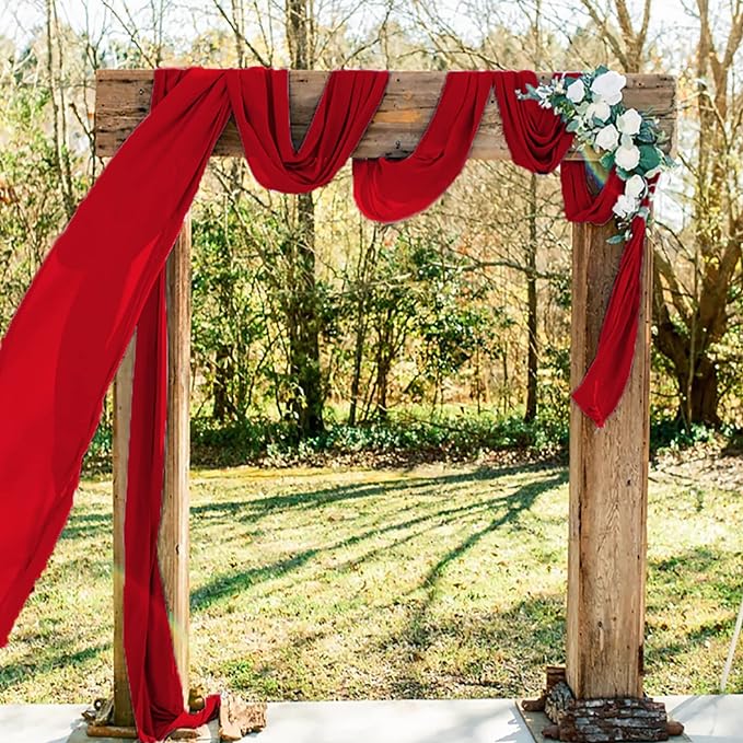 Photo 1 of  Wedding Arch Draping Fabric Red 2 Panels 29x216 Inch Chiffon Arch Fabric Drapery Wedding Archway 6 Yards Wedding Ceremony Reception Decorations Sheer Fabric for Draping Wedding Decorations